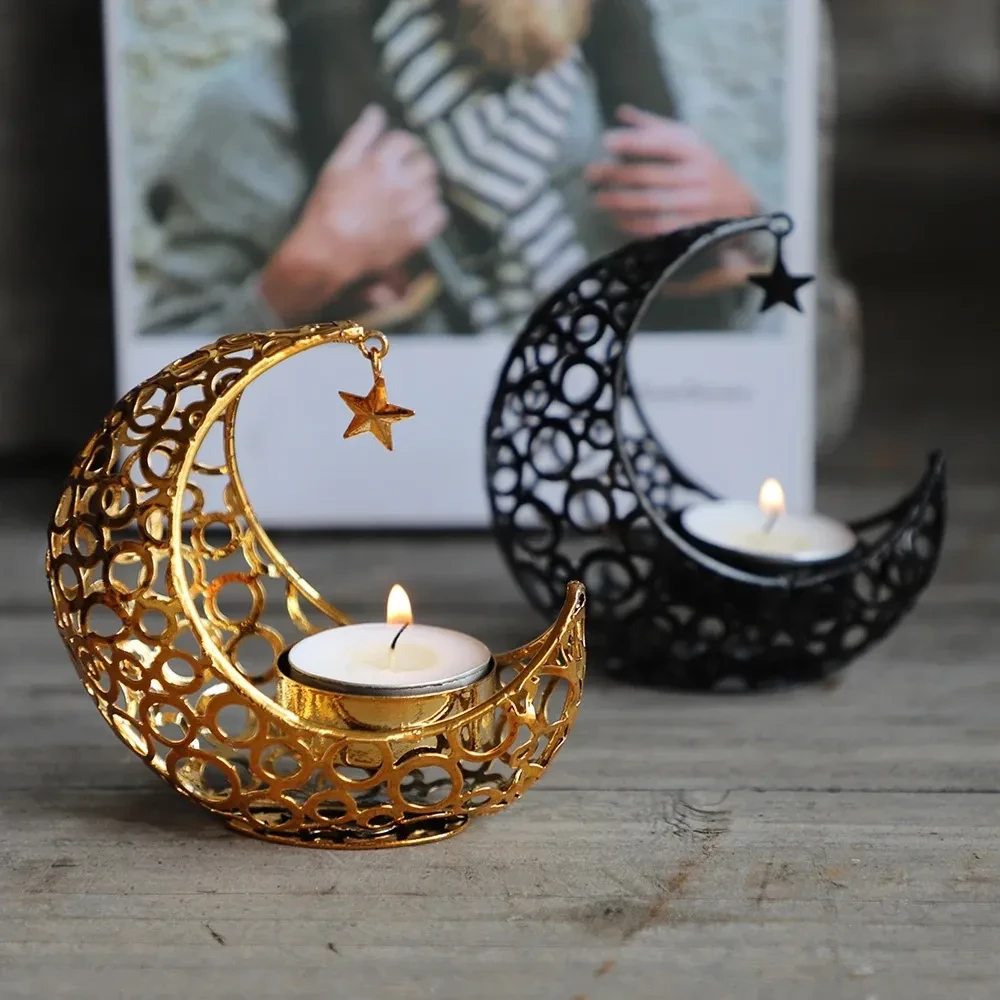 Light Luxury Crescent Moon Star Moon Black Gold Metal Candle Holder Modern Romantic Wedding Christmas Candle Cup Home Decor