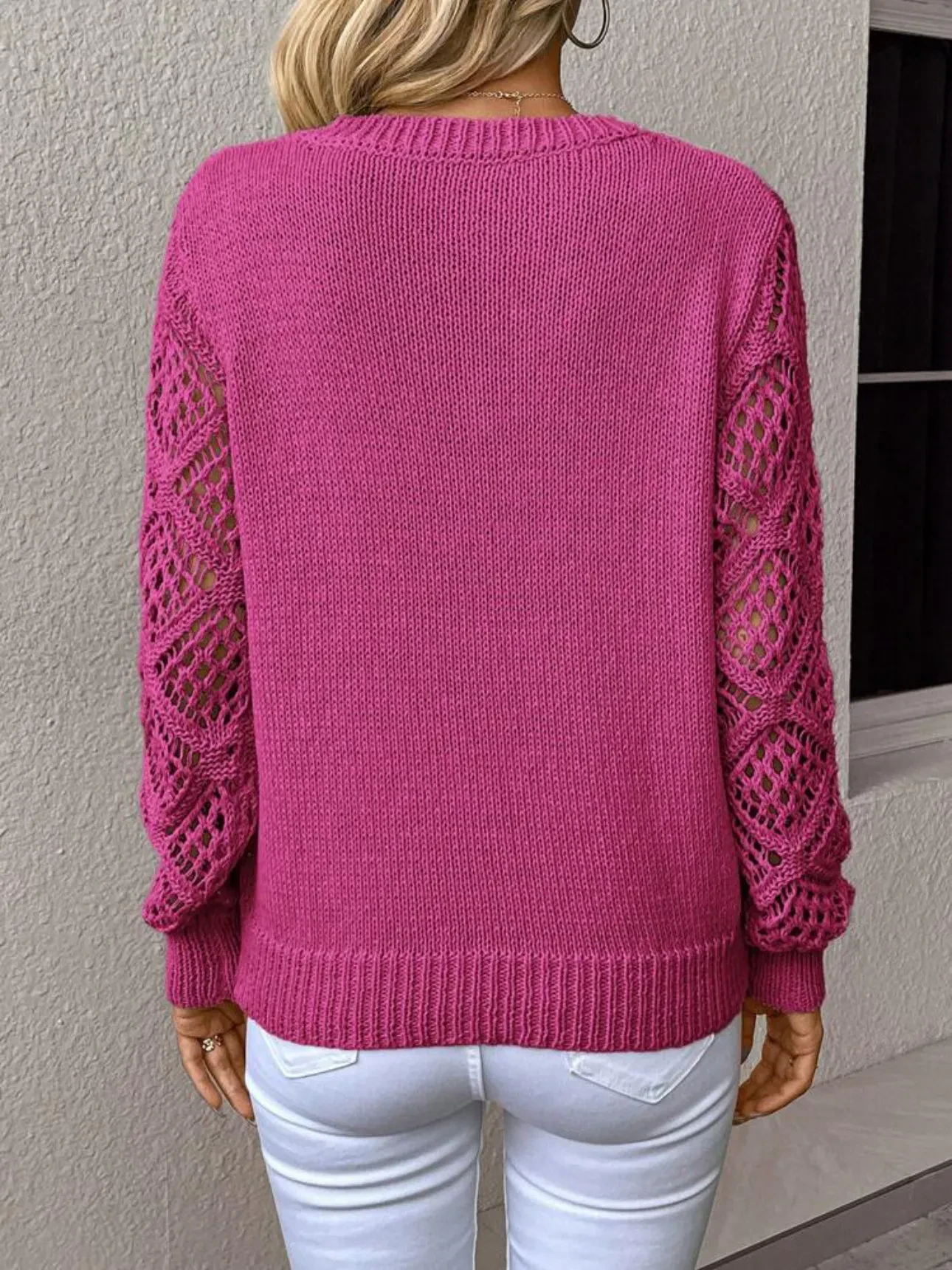 Solid V-neck Pullover Sweater With Hollow Long Sleeve Fashion Tops For Women Clothing