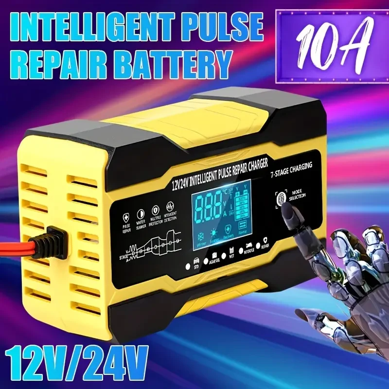 RJTianye Car Battery Charger 10 Amp - Intelligent Fully Automatic Charger, 12V/24V Maintenance Trickle Charger with Temperature Compensation for Lead-Acid Batteries