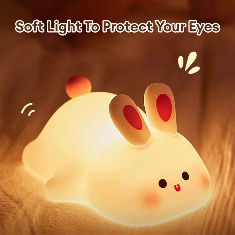 Cute LED Night Light Touch Sensor Cartoon Kid's Nightlights Big Face Rabbit Silicone Night Light Christmas Gift Bedside Lamp Home Decor