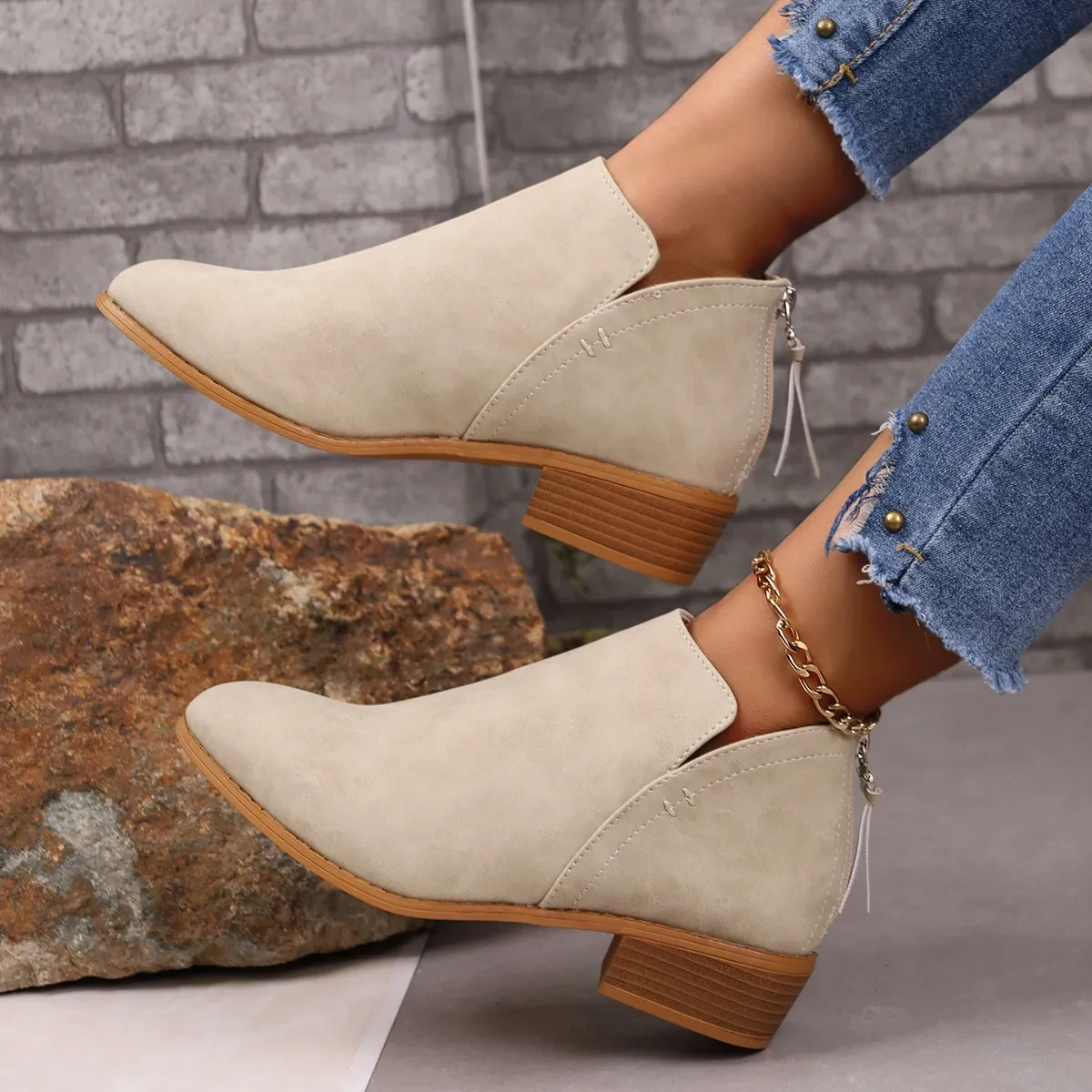 Chunky Heel Pointed Toe Ankle Boots