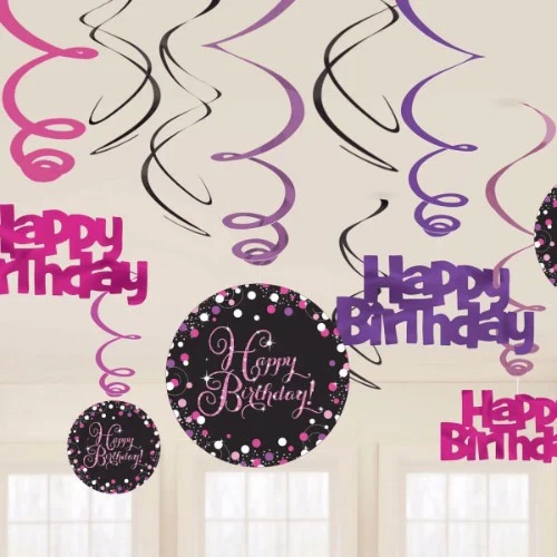 Sparkling Pink Happy Birthday Hanging Swirls - Pack of 12