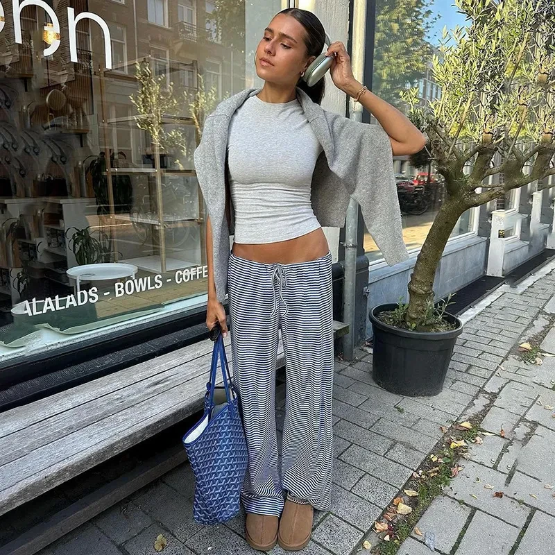 Women's Striped Print Trousers Y2K Fashion Casual Lace Up Home Straight Wide-leg Pants