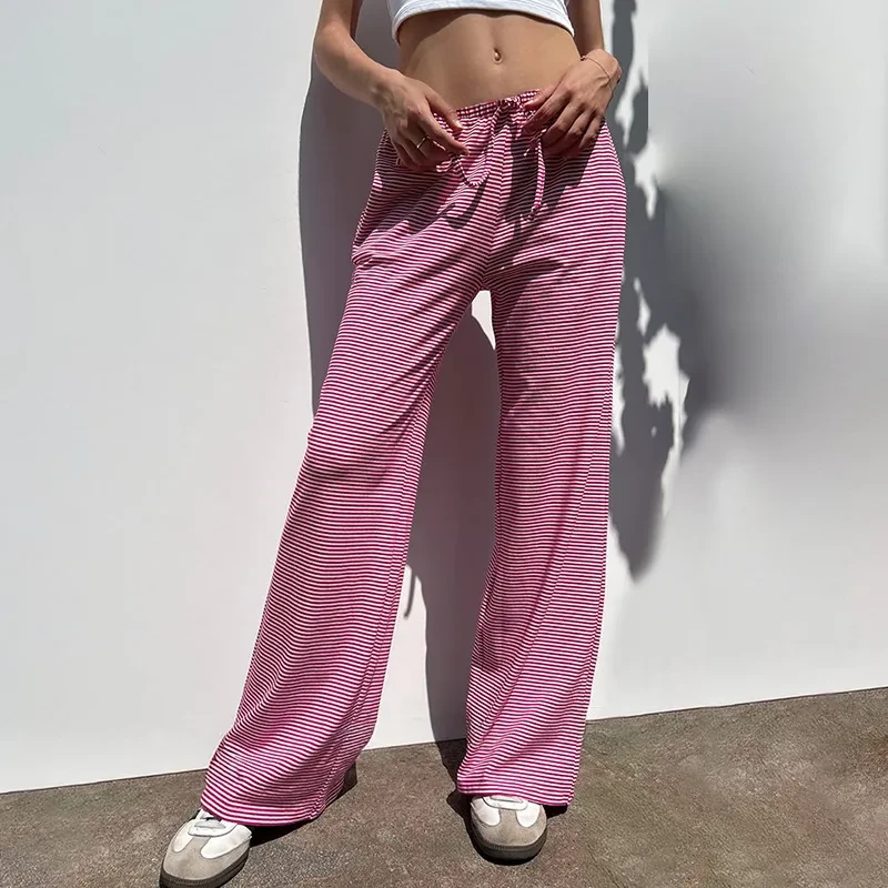 Women's Striped Print Trousers Y2K Fashion Casual Lace Up Home Straight Wide-leg Pants