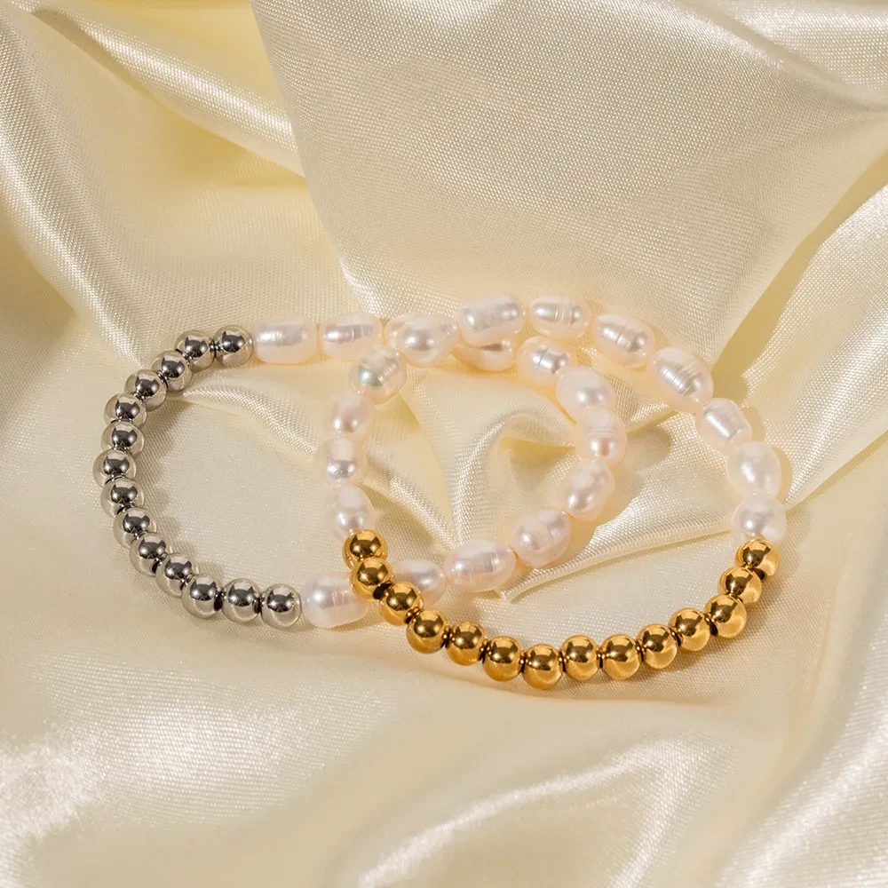 Margaux Freshwater Pearl Bracelet Trendy Stainless Steel Freshwater Pearl Round Bead Bracelet