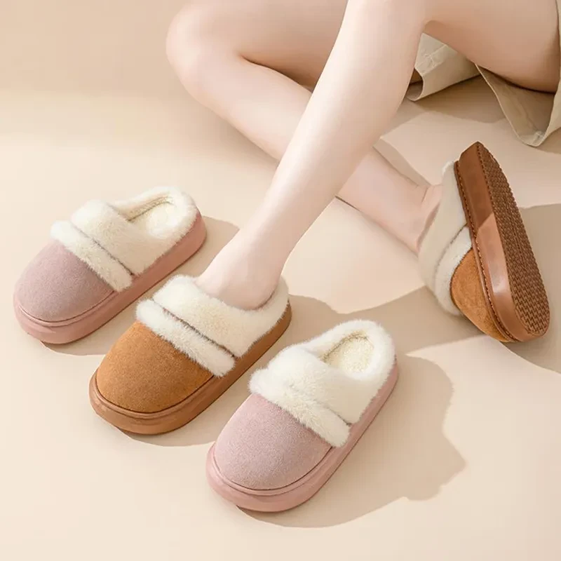 Warm Cotton Slippers For Women Leisure Thick Bottom Non-slip Plus-velvet House Shoes Winter Bedroom Floor Suede Slipper