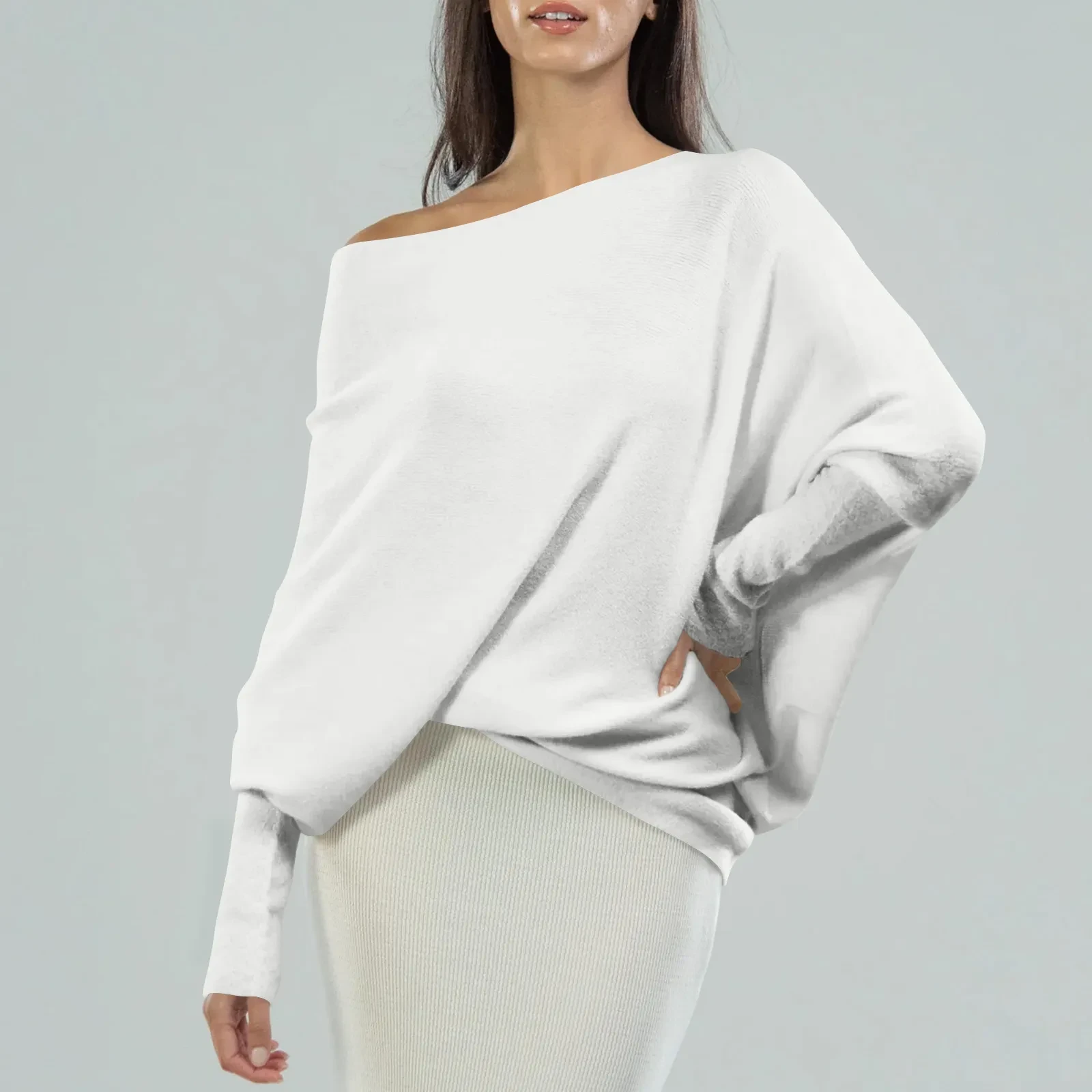 Loose Bat Sleeve Sweater Tops Simple Casual Fashion Versatile Solid Color Round Neck Sweater For Women