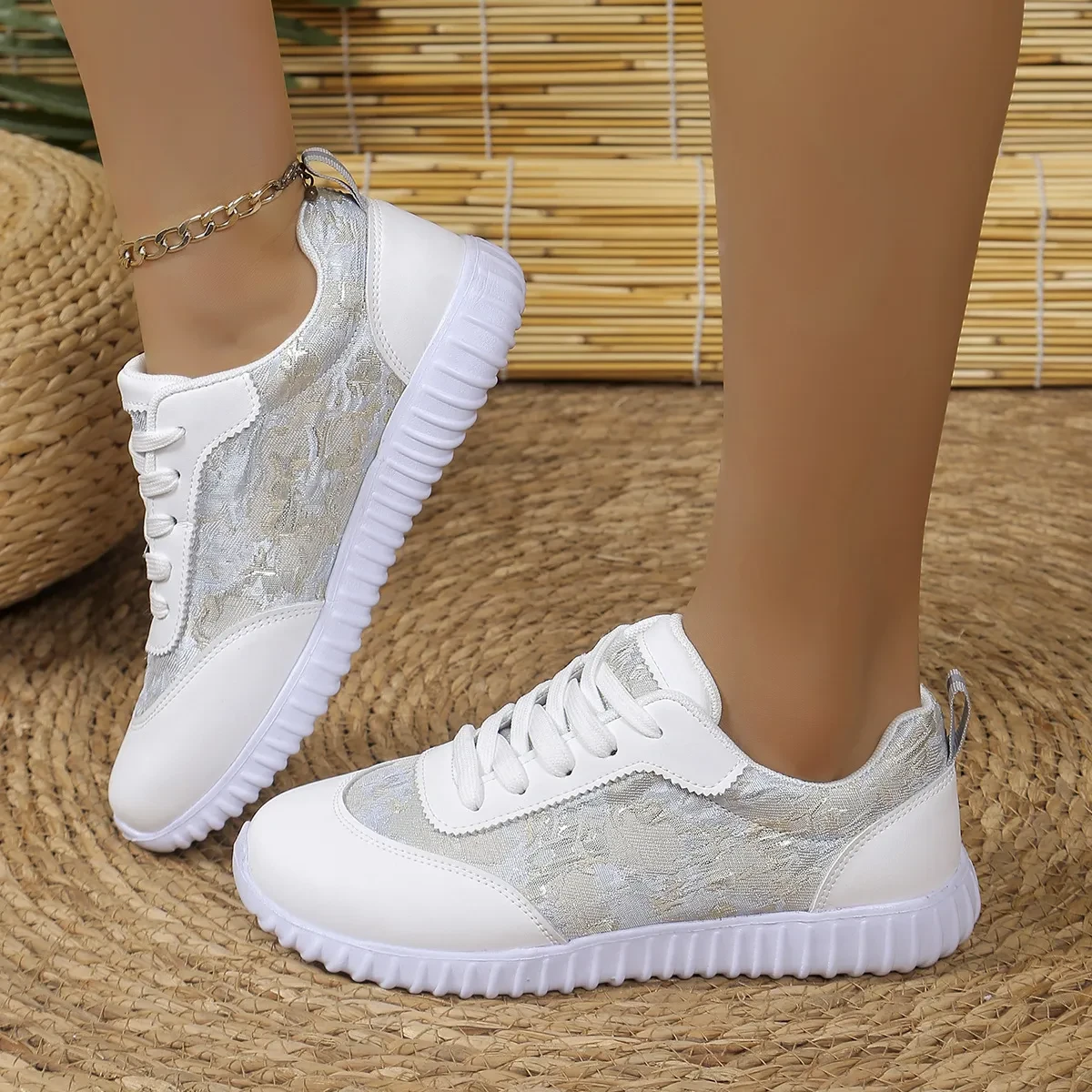 Versatile Lace-up Flat Shoes Casual Lightweight Thick-soled Running Sports Shoes Low-top Breathable Sneakers For Women