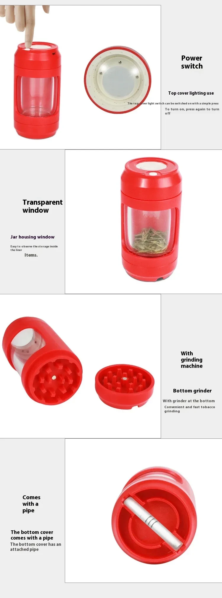 Acrylic Sealed Plastic Cigarette Grinder Smoke Eliminator LED Lamp Can Tobacco Storage