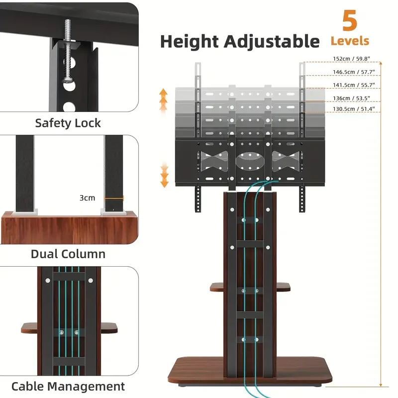 Industrial TV Floor Stand with Adjustable Mount & Wood Shelves
