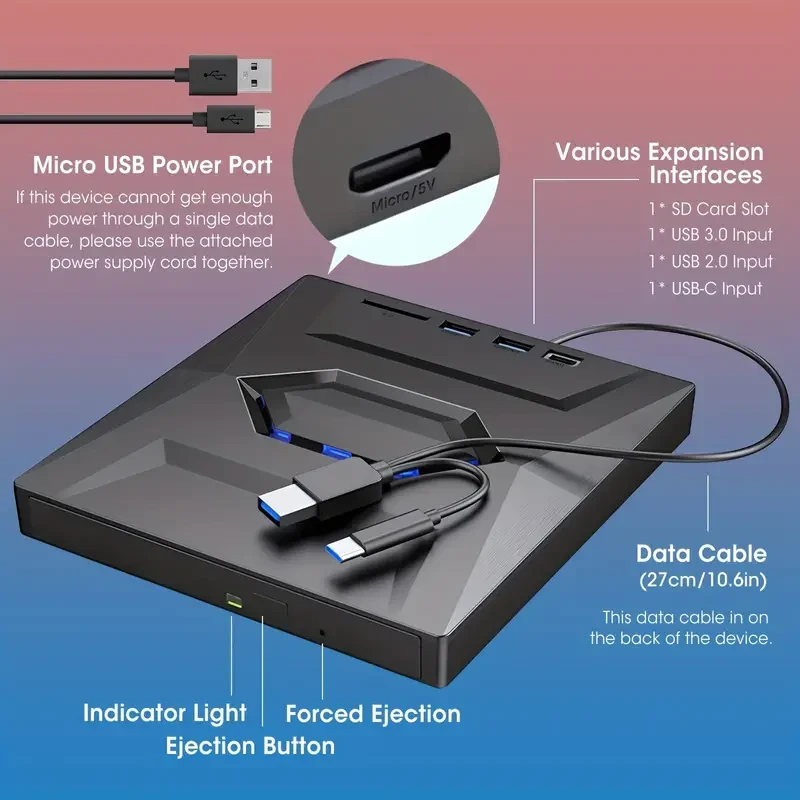 6-in-1 Portable USB 3.0 External DVD Recorder Drive Reader Player Optical Drive For Laptop Computer Desktop Accessories