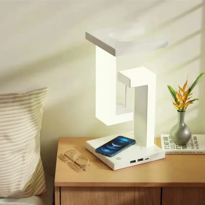 Foldable LED Table Lamp with Suspended Anti-Gravity Wireless Charging, Adjustable Arm and Modern Bedroom/Livingroom Lighting Decoration
