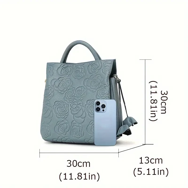 Elegant Genuine Faux Leather Rose Embossed Women's Handbag