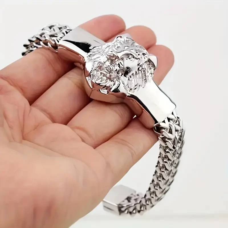 1pc Fashion Stainless Steel Domineering Lion Head Animal Bracelet Men's Trend Hip Hop Punk Rock Jewelry Gift
