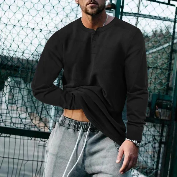 Vintage Solid Henley Collar Long Sleeve T-Shirt