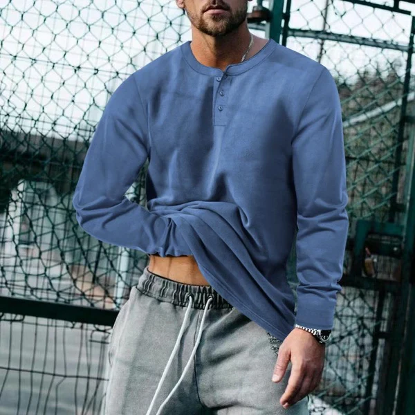 Vintage Solid Henley Collar Long Sleeve T-Shirt