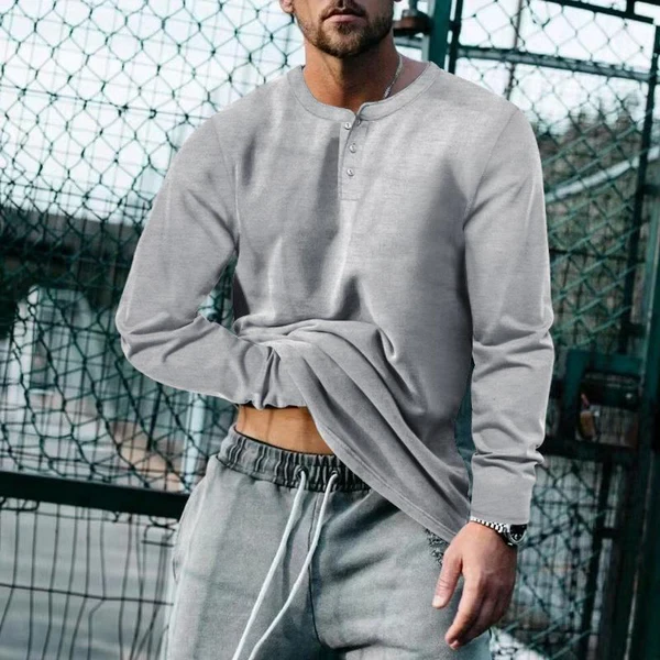 Vintage Solid Henley Collar Long Sleeve T-Shirt