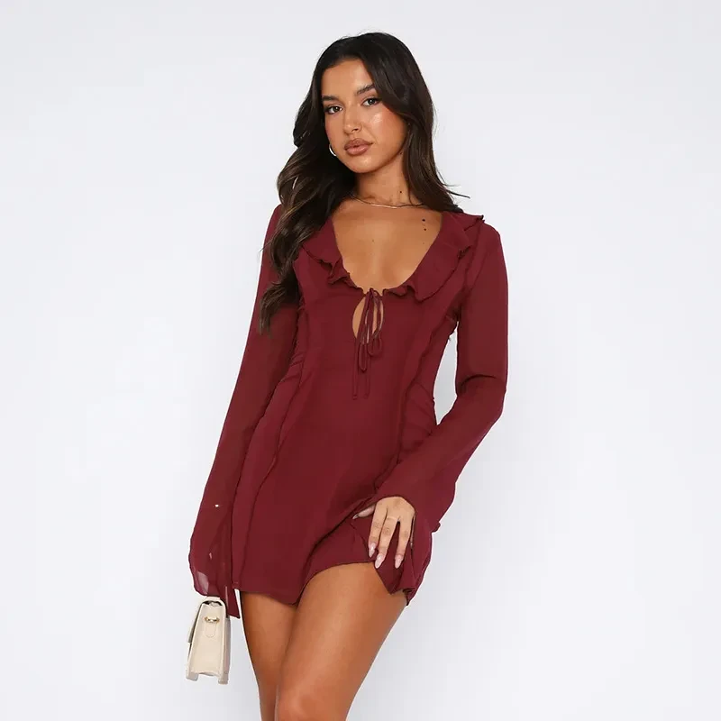 Sexy Ruffled V-neck Lace-up Long-sleeved Dress Fashion Y2K Skirt Slim Hip-covering Short Dresses For Womens Clothing