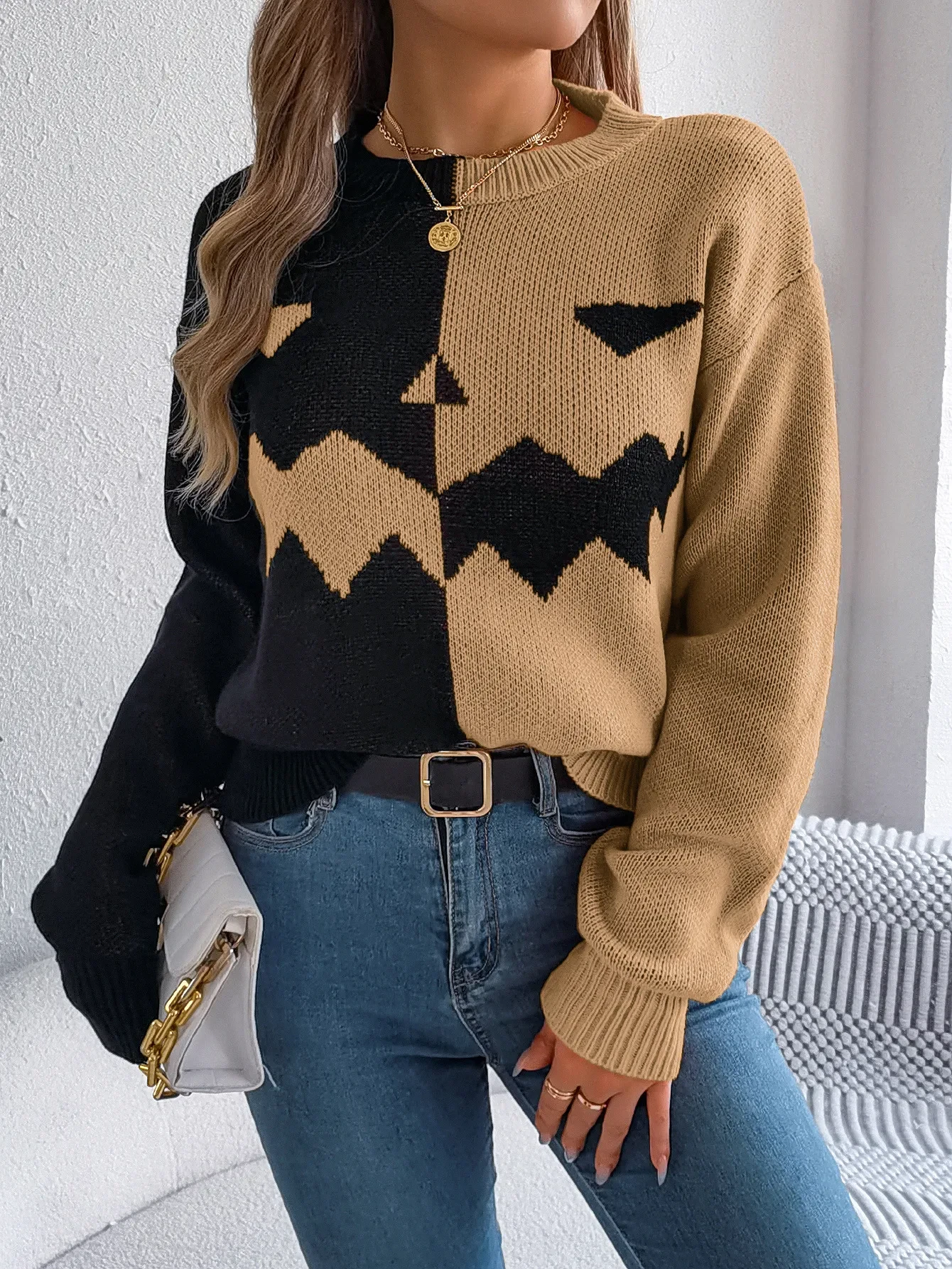 Halloween Contrast-color Pullover Sweater For Women's Clothing