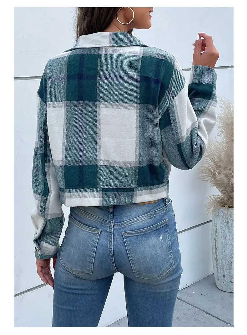 Plaid Lapel Cropped Jacket With Pockets Fashion Button Long Sleeve Short Outwear Tops Coat For Womens Clothing