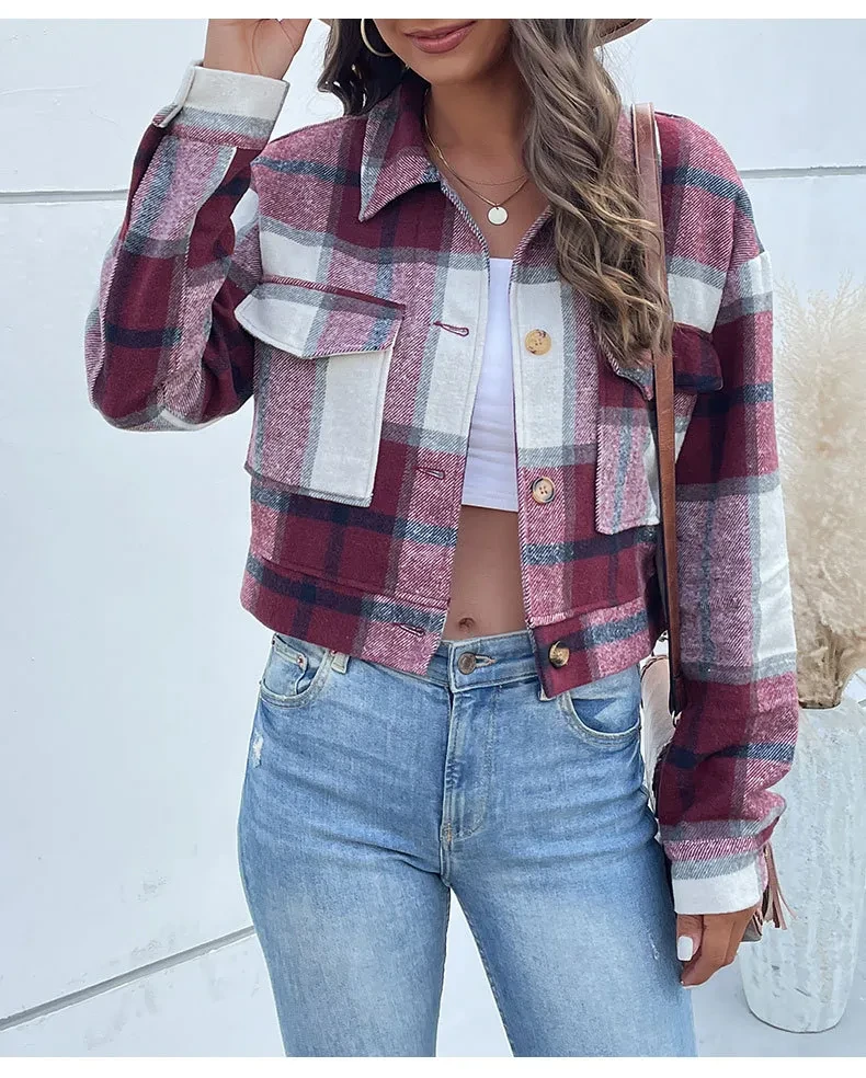 Plaid Lapel Cropped Jacket With Pockets Fashion Button Long Sleeve Short Outwear Tops Coat For Womens Clothing
