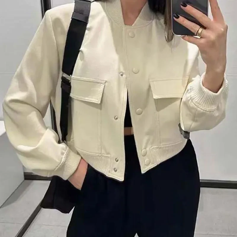 Fashion Button Stand-collar Jacket With Big Pockets Casual Loose Short Outwear Tops Coat For Women Clothing