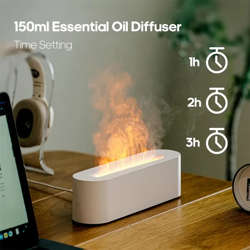 7-Color Flame Light Humidifier and Aromatherapy Diffuser - 150ml Super Quiet with Timer and Automatic Shutdown (White)