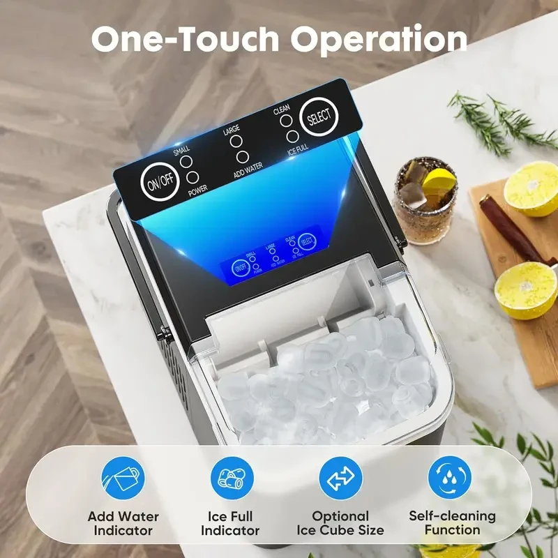 DUMOS Portable Countertop Ice Maker - Self-Cleaning, 9 Cubes in 6 Mins, 26.5lbs/24Hrs, with Ice Scoop, Basket, and Handle
