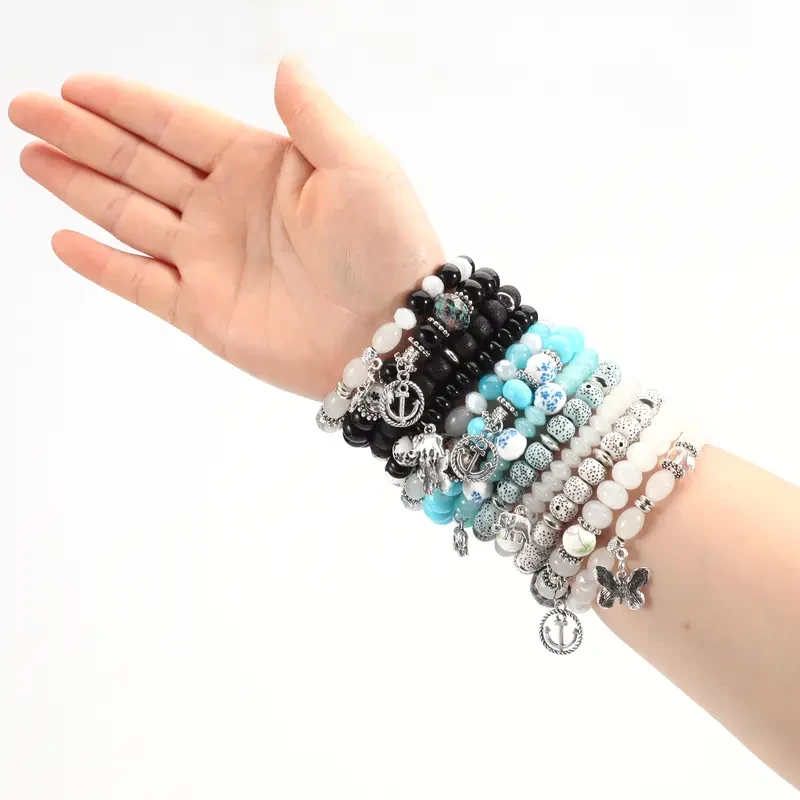 Boho Beaded Bracelet with Elephant, Anchor & Butterfly Charms -Boho Beaded Bracelet with Anchor & Butterfly Charms -