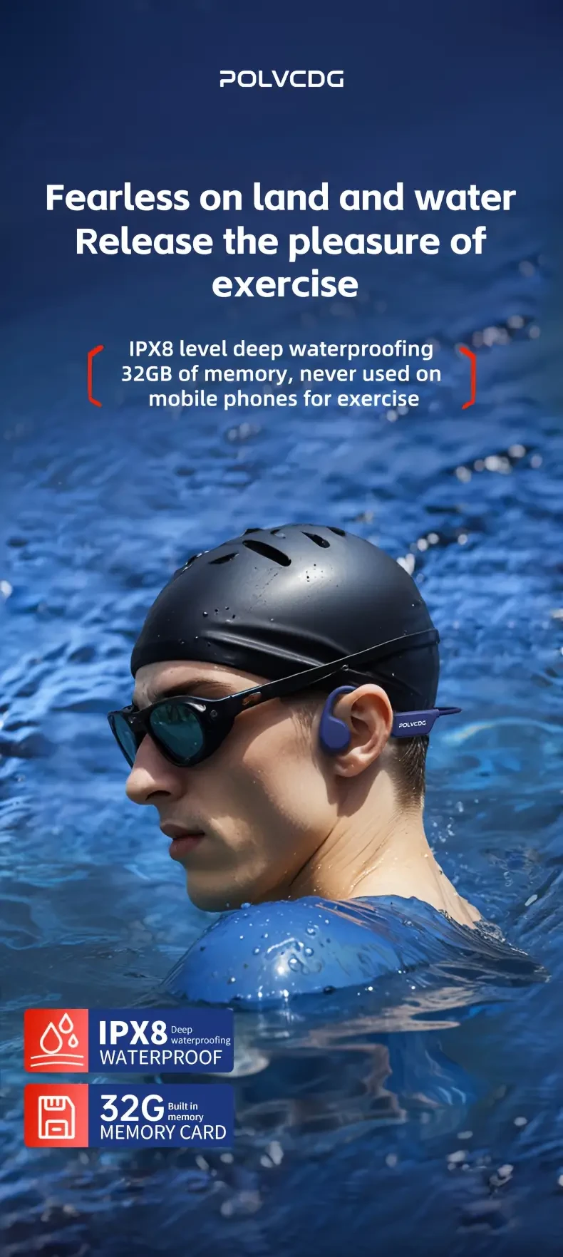 POLVCDG X7 Wireless Bone Conduction Headphones, 10H Battery Life, 32GB Memory, IPX-8 Waterproof, Noise Isolation, Wireless Connectivity, Key Controls, Open Ear Cups, Capacitive Microphone, for Swimming, Running, Cycling, Fitness - Adult Use