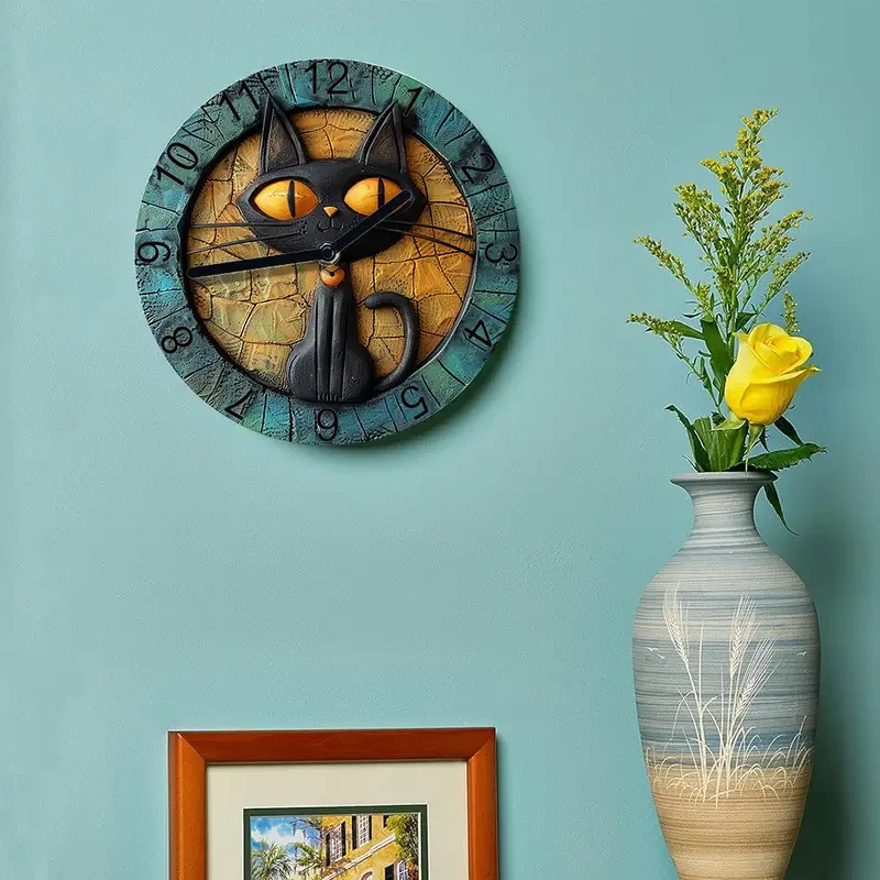 Silent 8x8" Aluminum Wall Clock with Black Cat Design