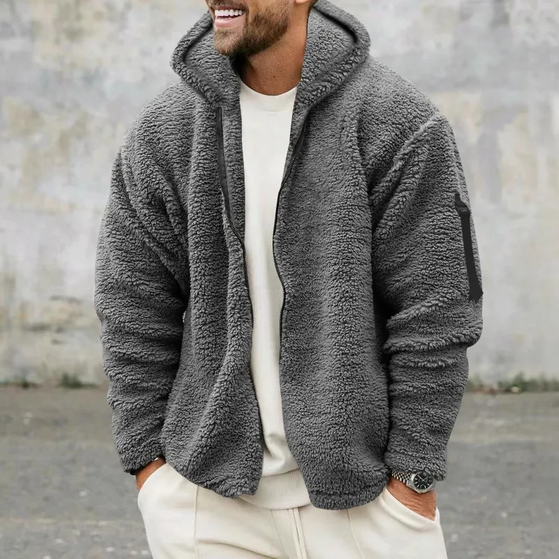 Plush Hooded Jacket Men's Autumn And Winter Fleece Double-sided Wear Warm Coat With Zipper Loose Casual Jacket Outdoor Clothing