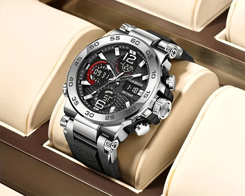 LIGE Men's Stylish Dual-Movement Sports Watch - Water-Resistant, Dual Display Digital & Quartz Movement, Durable Zinc Alloy Case, Comfortable Silicone Strap, Multifunction Chronograph with Alarm, Luminous Dial, and Date Display for Accurate Timekeeping