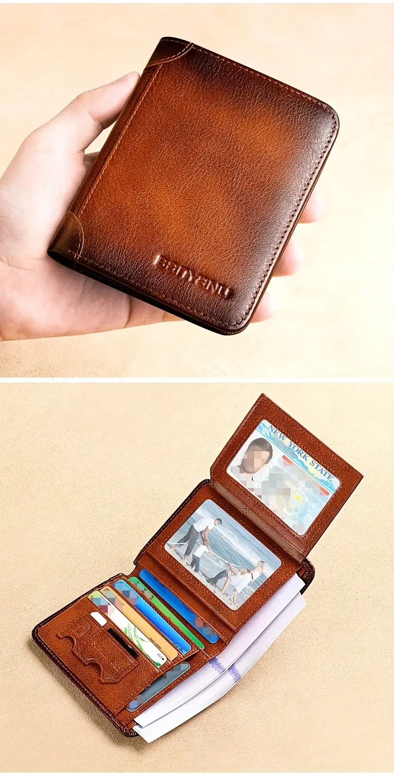 1pc Mens Premium Cowhide Short Trifold Wallet - Compact Card Holder with Large Capacity, Multiple Card Slots