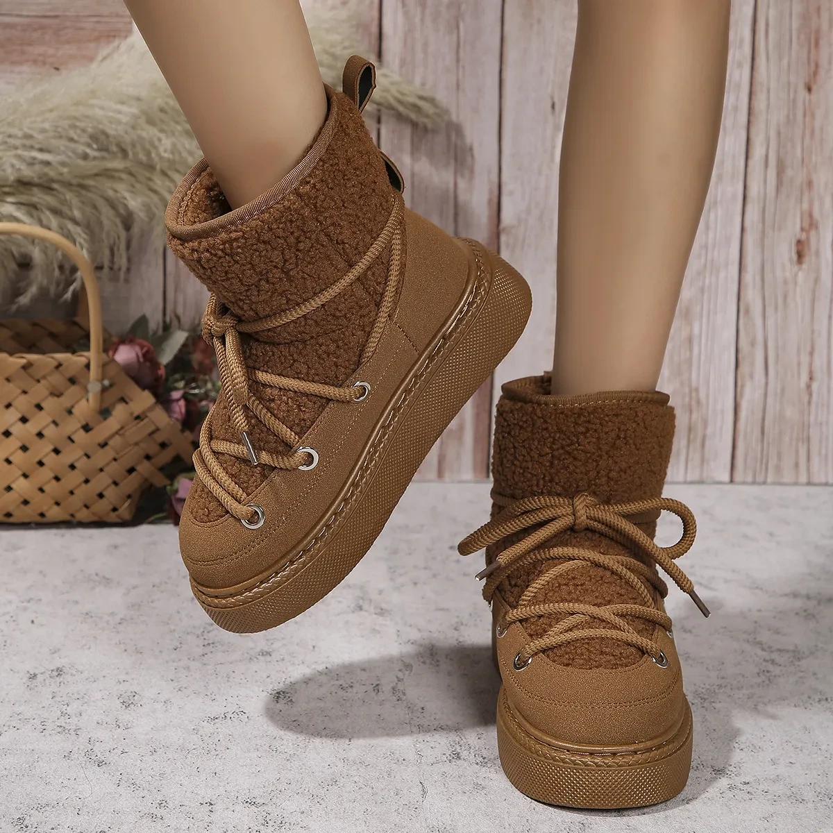Lace-up Snow Boots Winter Flat Thick-soled Height-enhancing Cotton Shoes