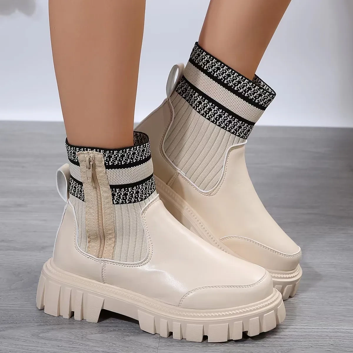 Mid-tube Boots With Zipper Design Non-slip Thick Sole Elastic Knitted Patchwork Boots For Women Round Toe Shoes