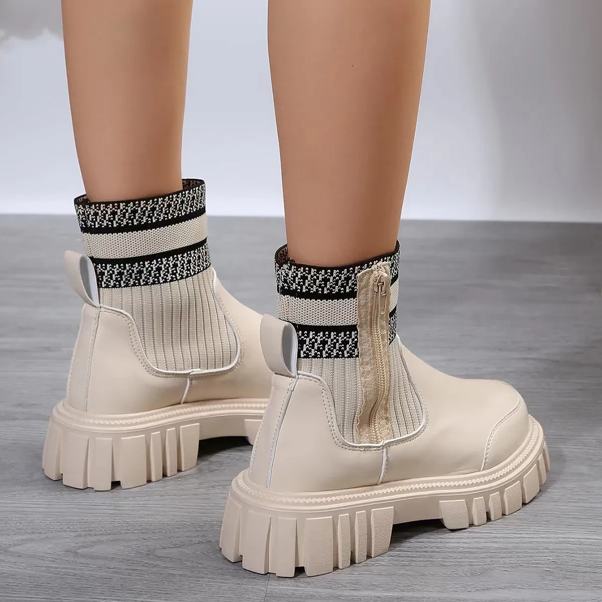 Mid-tube Boots With Zipper Design Non-slip Thick Sole Elastic Knitted Patchwork Boots For Women Round Toe Shoes