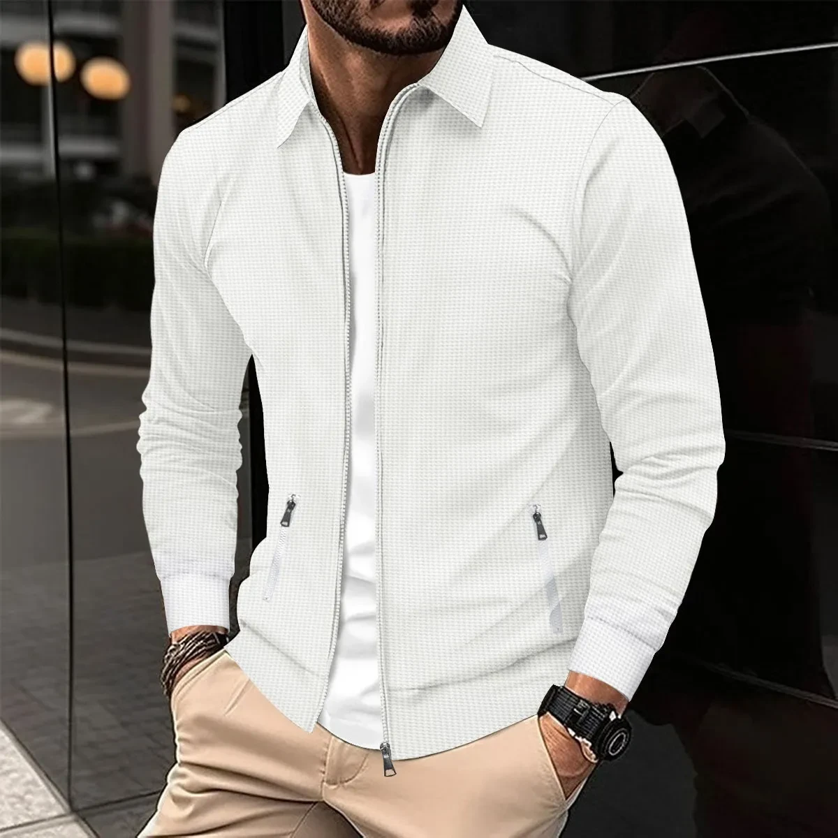 Men's Slim-Fit Waffle Zipper Pocket Cardigan Jacket Men's Slim-Fit Waffle Zipper Pocket Cardigan Jacket