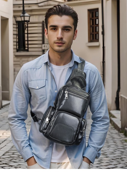 Men's Casual First Layer Cowhide Small Chest Bag