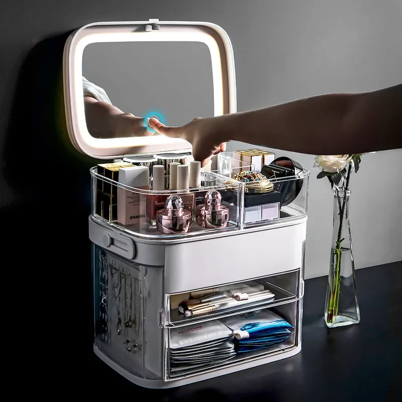 Makeup Organizer With Mirror LED light Large Capacity Jewelry Rack