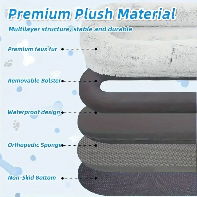 Human Dog Bed - Washable Faux Fur Orthopedic Bed for People and Pets with Plump Pillow and Blanket