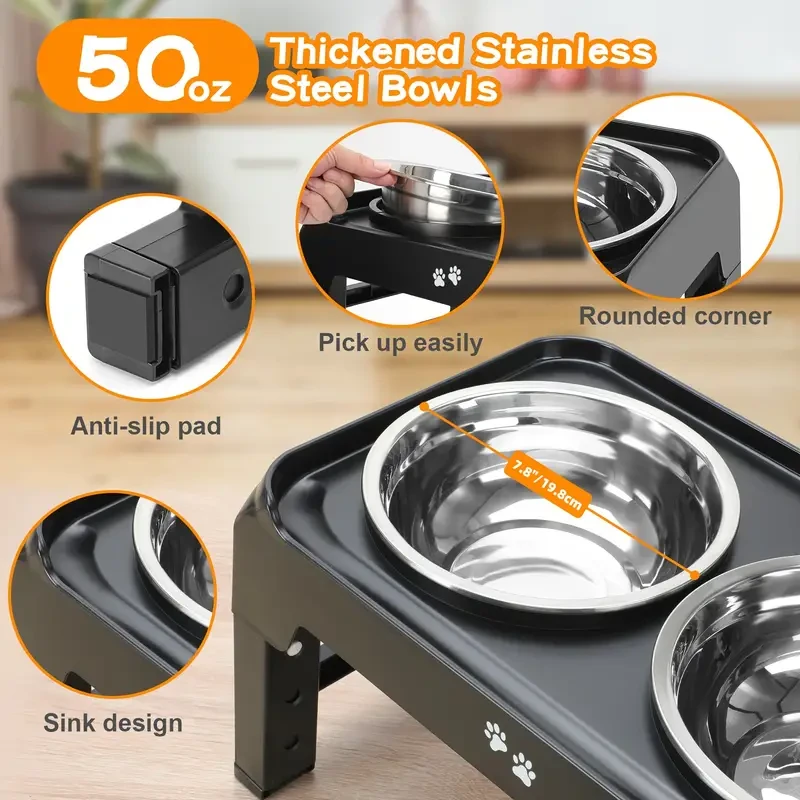 4-Height Adjustable Elevated Dog Bowls Stand  2 Stainless Steel Bowls for Large & Medium Dogs