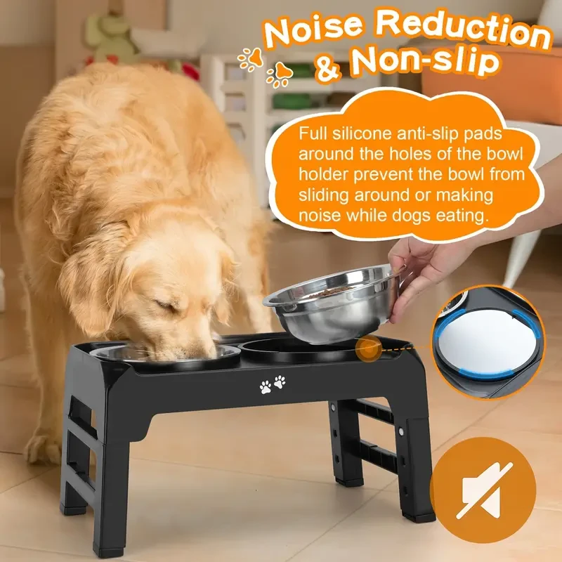 4-Height Adjustable Elevated Dog Bowls Stand  2 Stainless Steel Bowls for Large & Medium Dogs