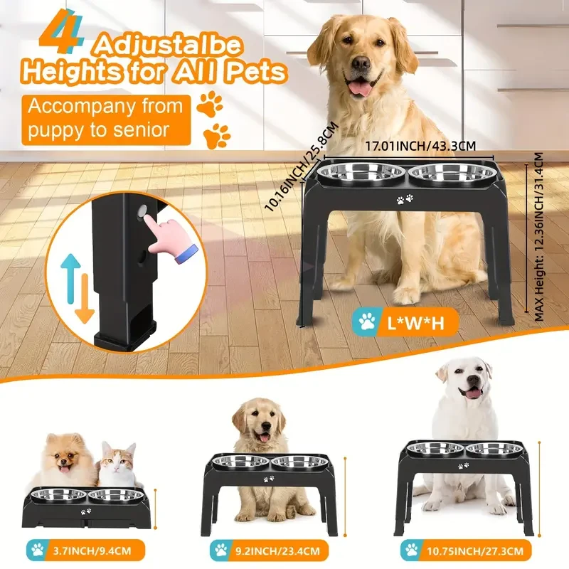 4-Height Adjustable Elevated Dog Bowls Stand  2 Stainless Steel Bowls for Large & Medium Dogs