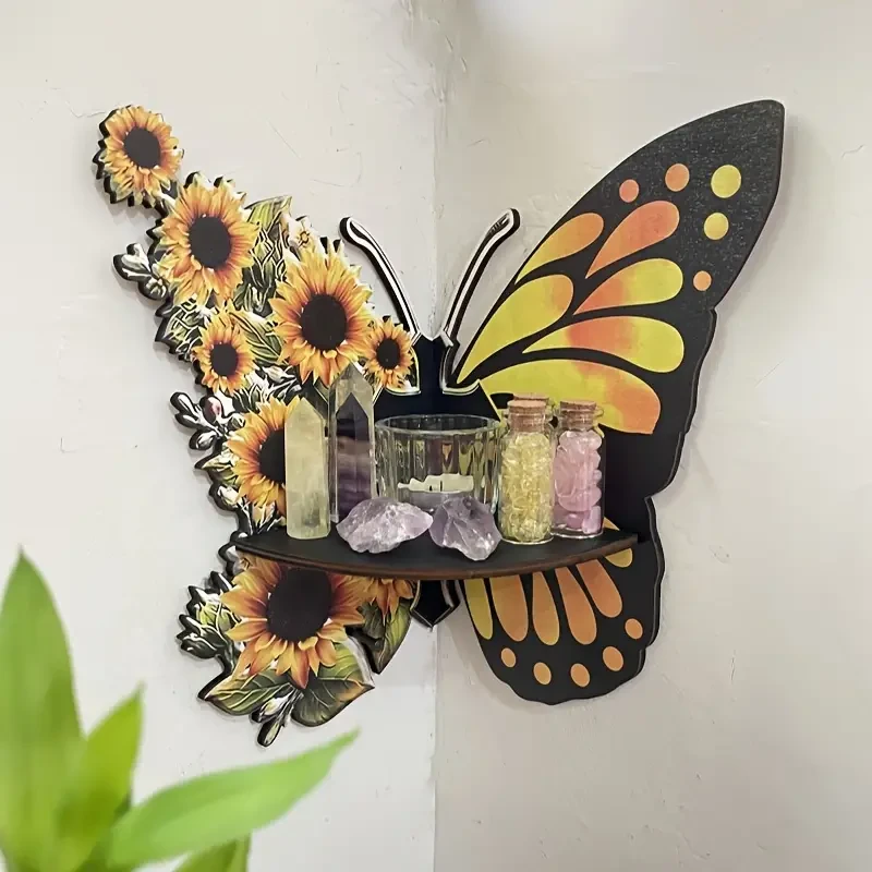 Whimsical Sunflower Butterfly Wall Corner Rack  Spacious Storage Shelf for Home & Party Decor