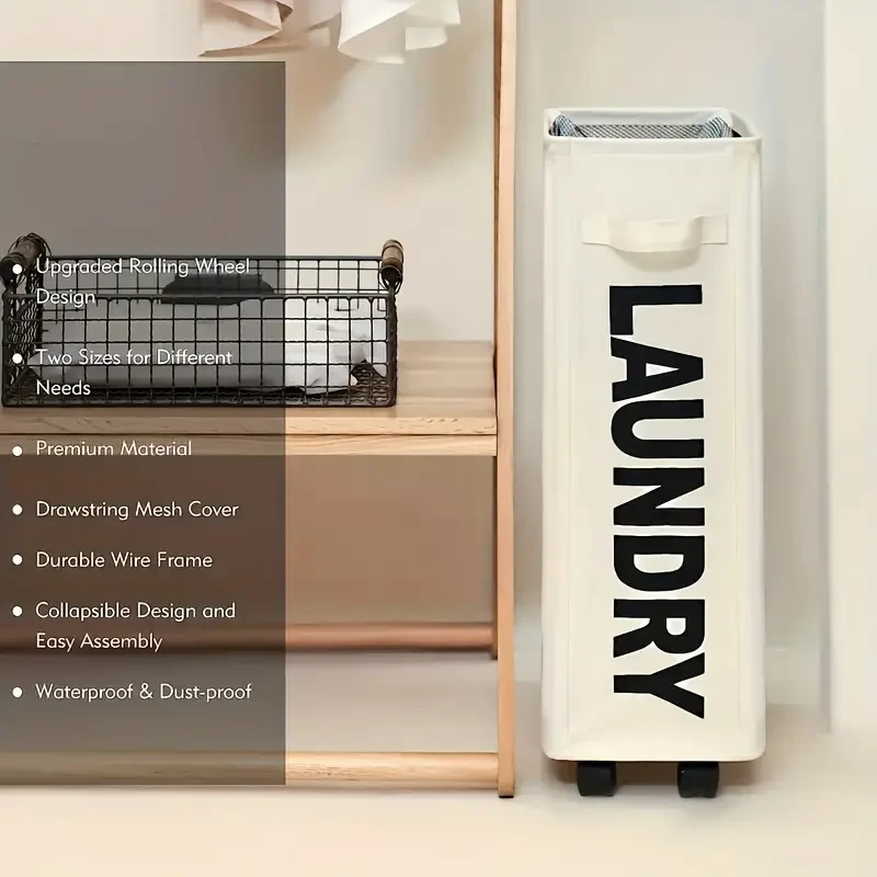 Narrow Slim Laundry Basket  Collapsible Hamper with Wheels & Handle