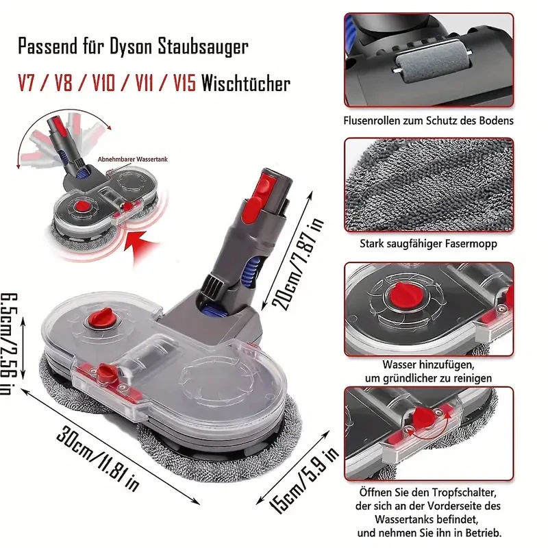 Electric Double Mop Attachment for Dyson V7V15  Dual Spin Mop with Water Tank