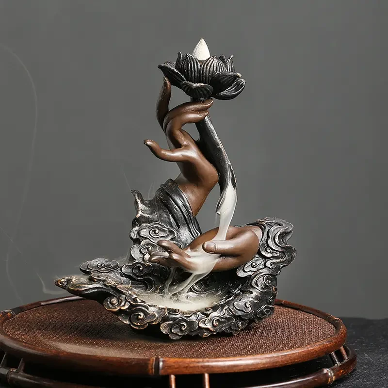 Backflow Incense Burner, Handmade Resin Lotus Buddha Hand Waterfall Incense Burner Holder For Home Relaxation Lucky Feng Shui Decor
