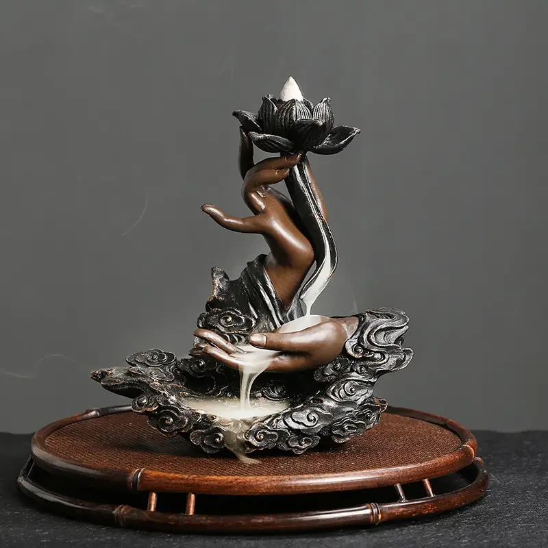 Backflow Incense Burner, Handmade Resin Lotus Buddha Hand Waterfall Incense Burner Holder For Home Relaxation Lucky Feng Shui Decor