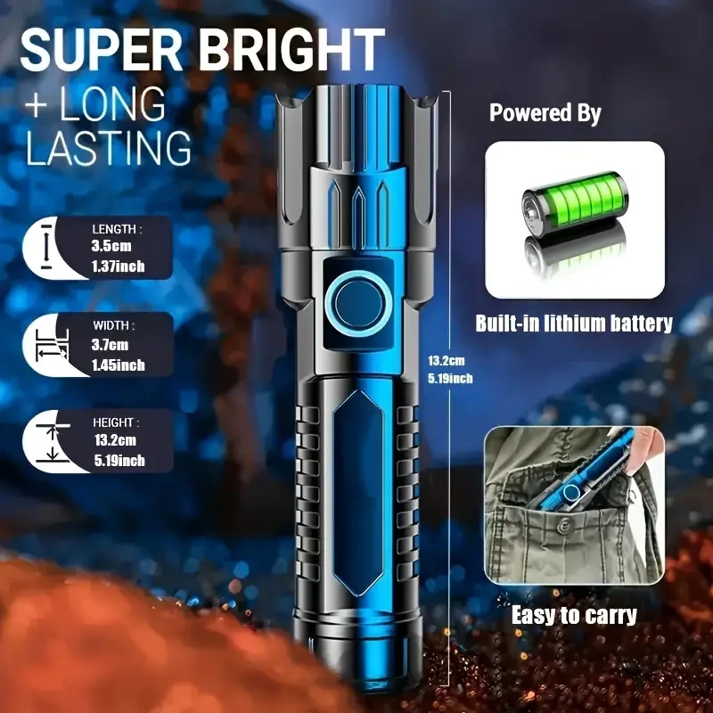 2pcs Rechargeable LED Flashlights, Strong Light Flashlights, ABS Material, Zoomable, 3 Light Modes, Outdoor Handled Flash Lights for Camping, Hiking, Emergency
